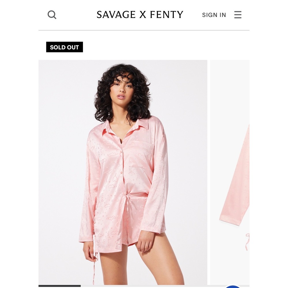 Savage X Fenty Pink Satin Jacquard Sleep Shirt Lace Up Side XL Rihanna Pajamas